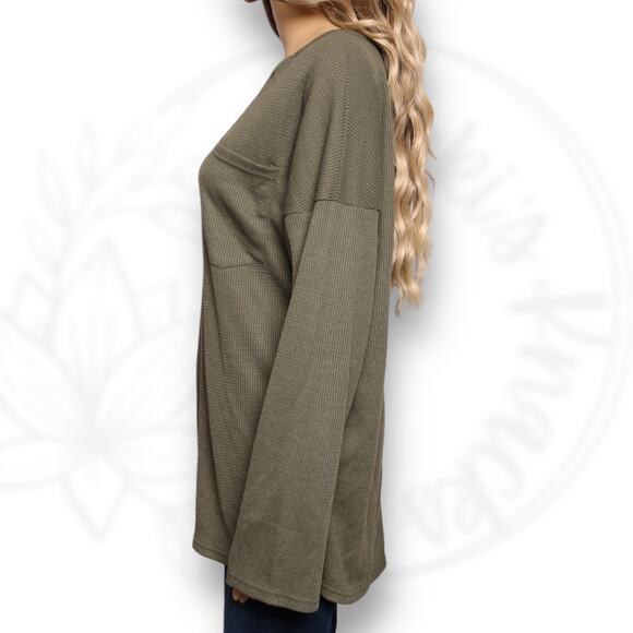 Anna Kaci Olive Waffle Knit Thermal Oversized Drop Shoulder V-Neck Top Size M - Picture 5 of 11